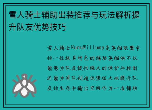 雪人骑士辅助出装推荐与玩法解析提升队友优势技巧